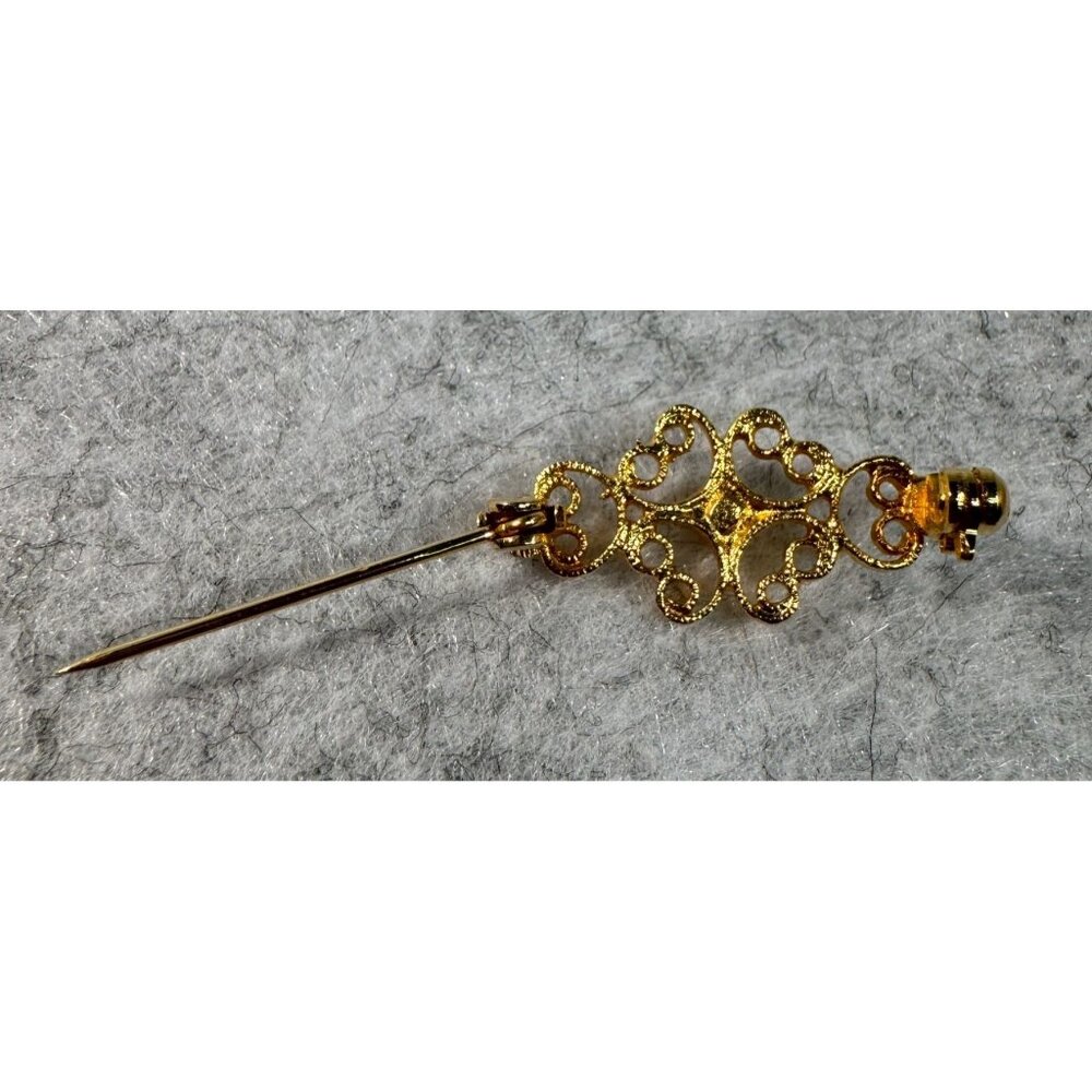 Vintage Gold Filigree Brooch Pin With Intricate Scroll Design crystal stone - Picture 3 of 5